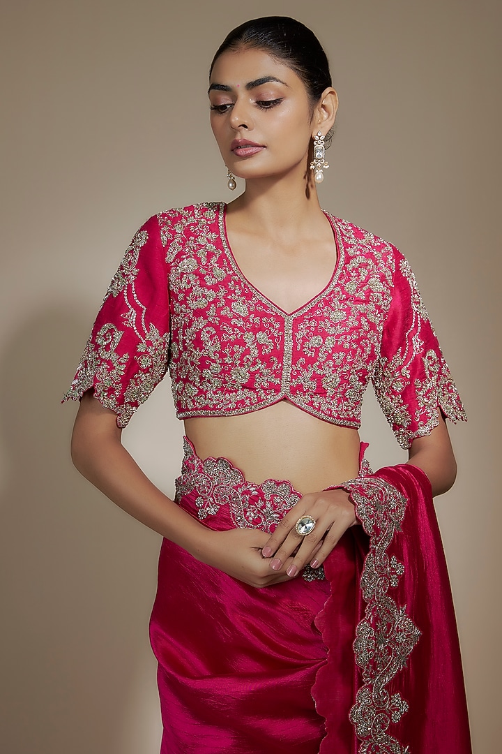 Pink Silk Cutwork Embroidered Bridal Saree Set by Jayanti Reddy at Pernia's Pop Up Shop